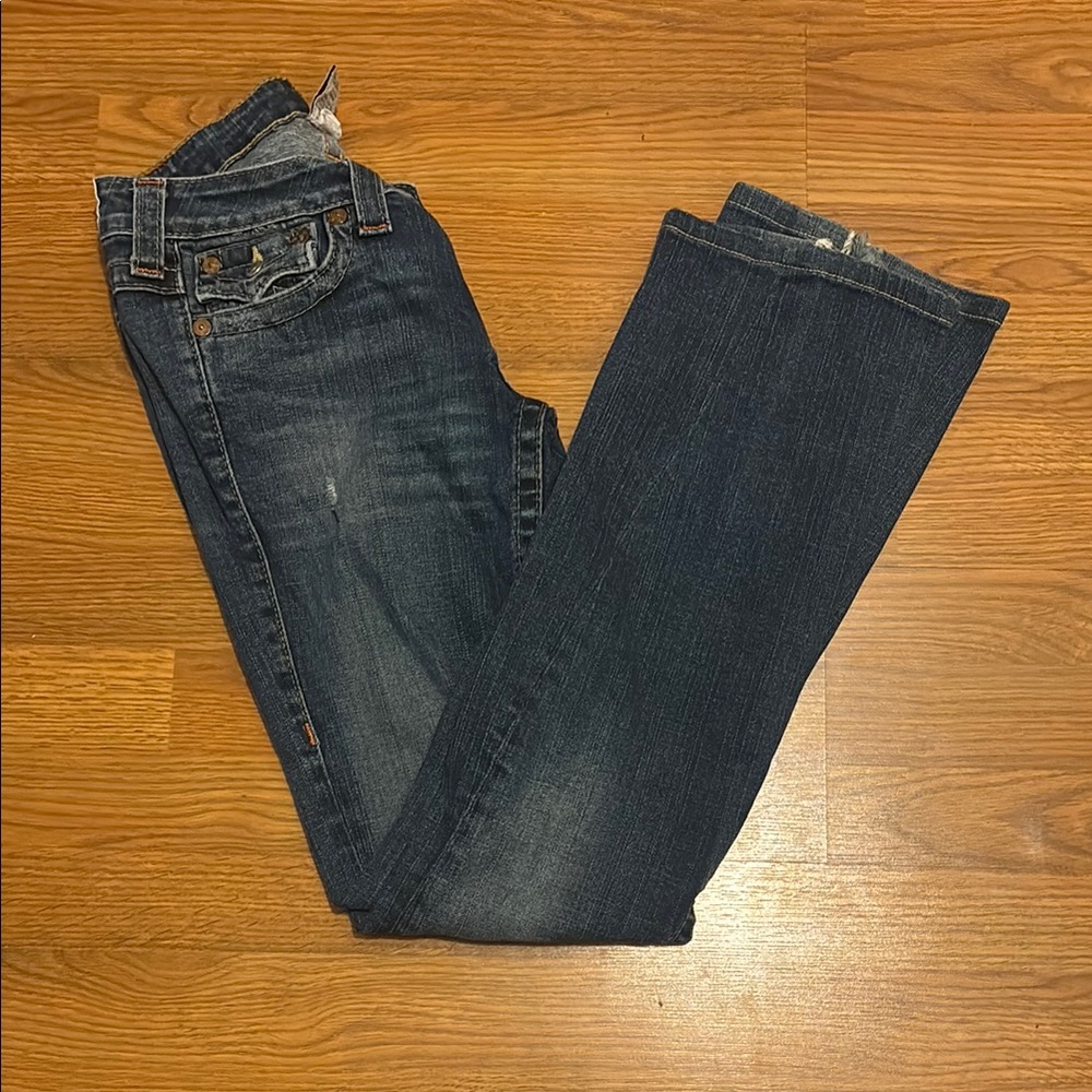 True Religion Blue Straight Leg Jeans with Distressed Details